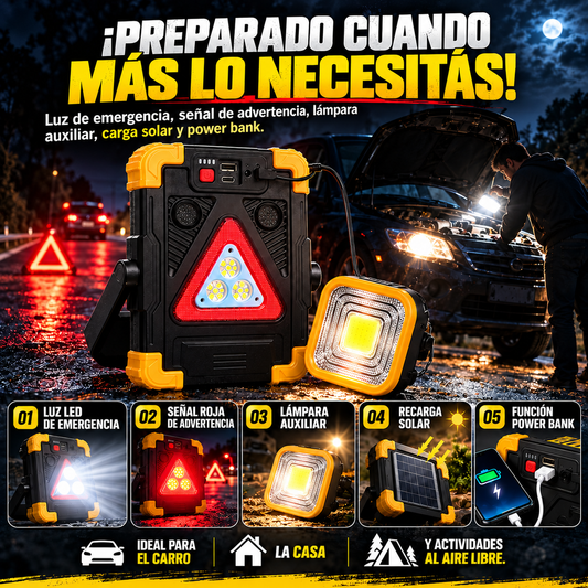 Lámpara de Emergencia LED Solar 5 en 1 | Luz de Advertencia y Power Bank